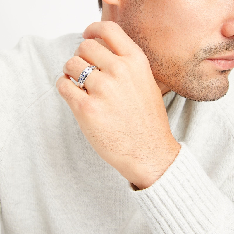 Main Image 4 of Neil Lane Men's Diamond & Blue Sapphire Wedding Band 1/6 ct tw 14K White Gold