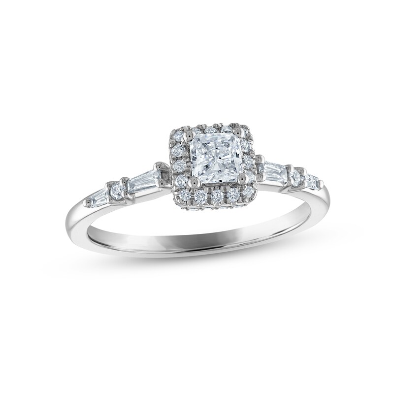 Diamond Halo Engagement Ring 1/2 ct tw Princess, Round & Baguette-cut 14K White Gold with 360