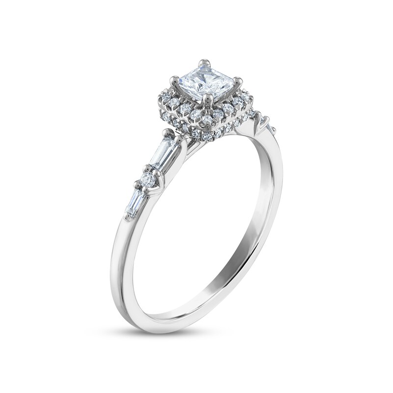 Diamond Halo Engagement Ring 1/2 ct tw Princess, Round & Baguette-cut 14K White Gold