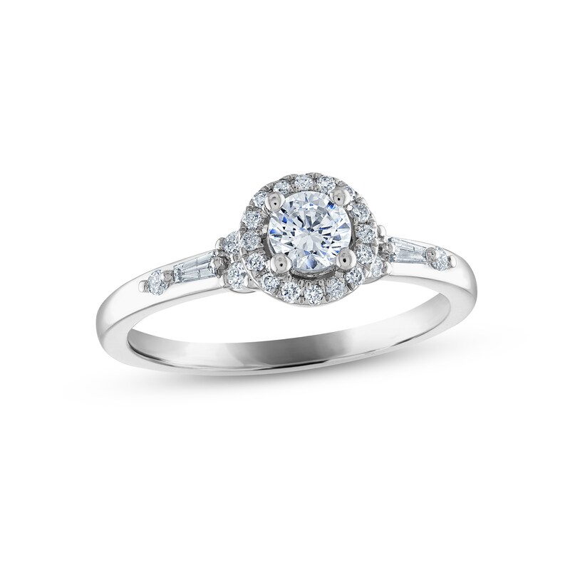 Diamond Halo Engagement Ring 1/2 ct tw Round & Baguette-cut 14K White Gold with 360
