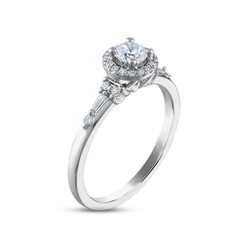 Diamond Halo Engagement Ring 1/2 ct tw Round & Baguette-cut 14K White Gold