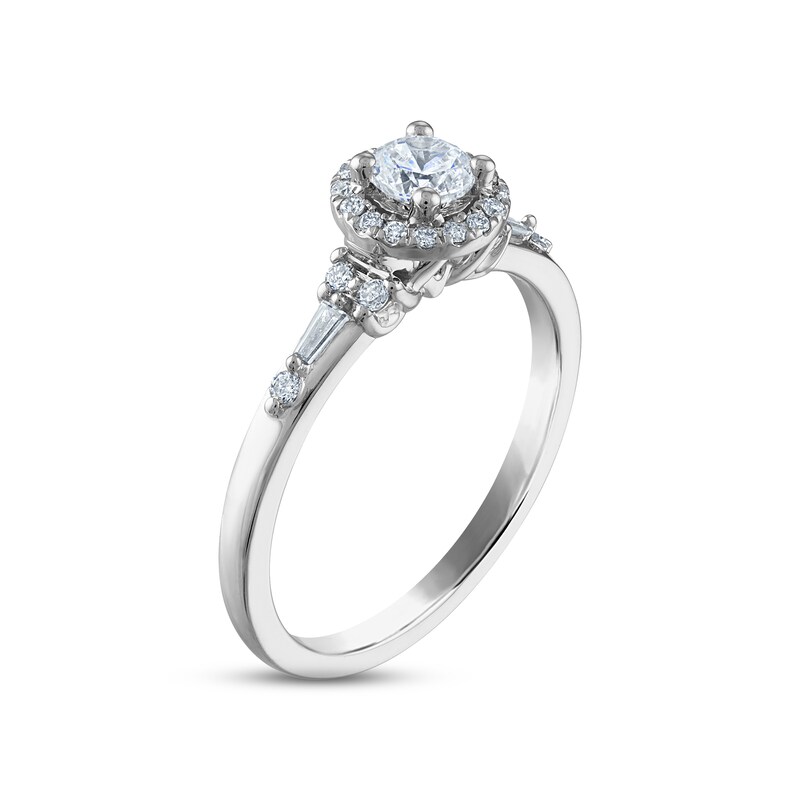 Diamond Halo Engagement Ring 1/2 ct tw Round & Baguette-cut 14K White Gold