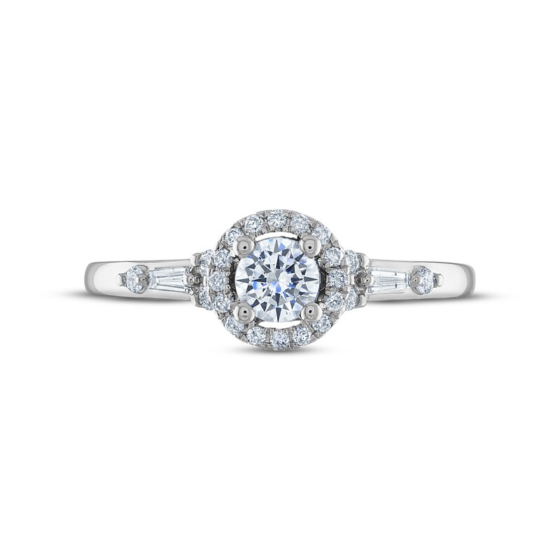 Diamond Halo Engagement Ring 1/2 ct tw Round & Baguette-cut 14K White Gold