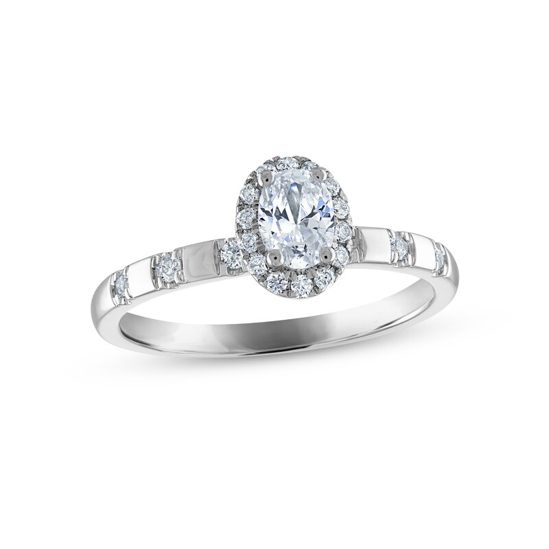 Diamond Halo Engagement Ring 5/8 ct tw Oval & Round-cut 14K White Gold