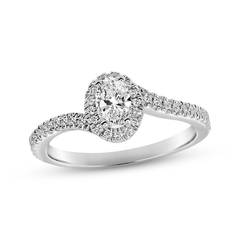 Diamond Halo Engagement Ring 3/4 ct tw Oval & Round-cut 14K White Gold