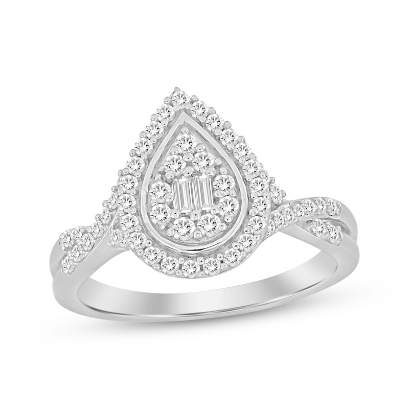 Main Image 1 of Now + Forever Baguette & Round-Cut Multi-Diamond Center Pear Frame Engagement Ring 3/8 ct tw 10K White Gold