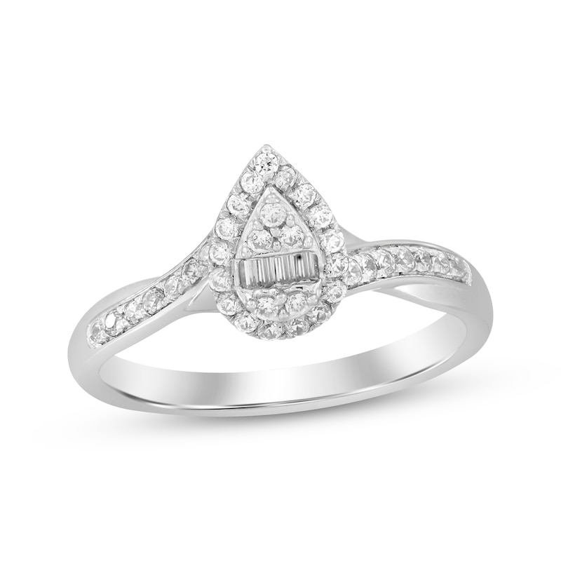 Baguette & Round-Cut Multi-Diamond Center Pear Frame Engagement Ring 1/4 ct tw 10K White Gold