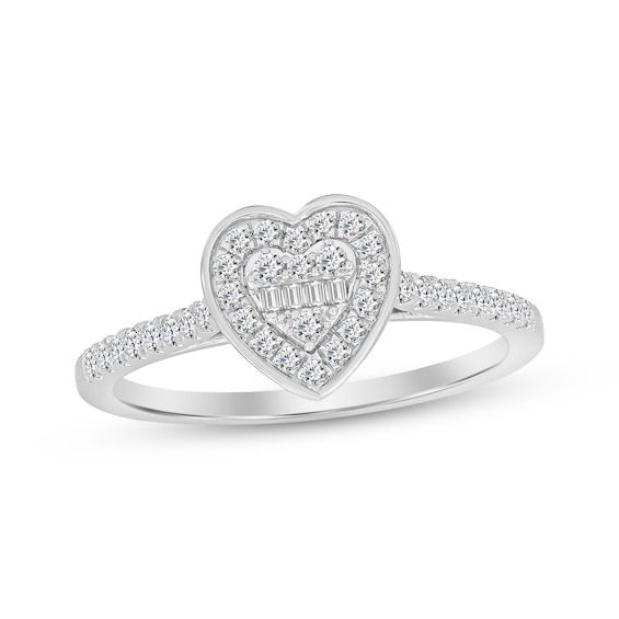 Now + Forever Baguette and Round-Cut Multi-Diamond Center Heart Engagement Ring 1/4 ct tw 10K White Gold