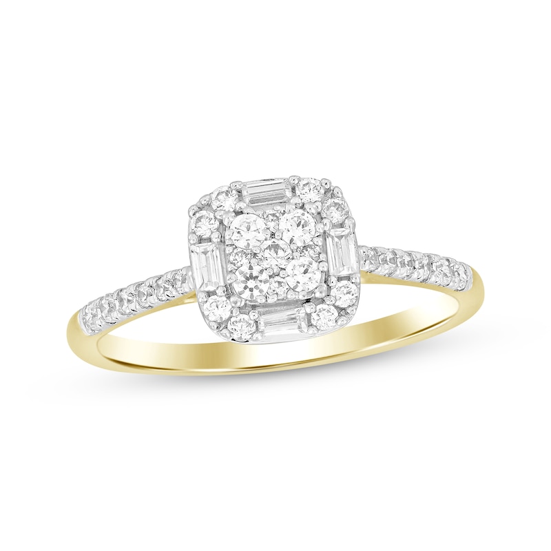 Main Image 1 of Now + Forever Baguette & Round-Cut Multi-Diamond Center Cushion Frame Engagement Ring 1/3 ct tw 10K Yellow Gold