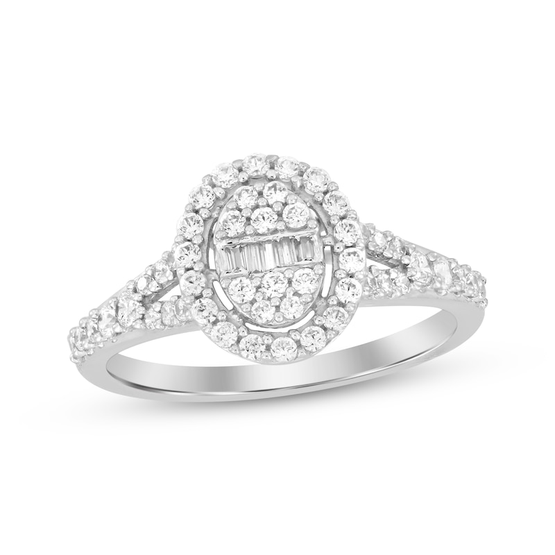 Main Image 1 of Now + Forever Baguette & Round-Cut Multi-Diamond Center Oval Frame Engagement Ring 1/2 ct tw 14K White Gold