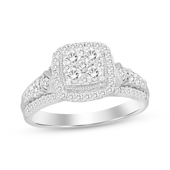 Now + Forever Multi-Diamond Cushion Frame Engagement Ring 7/8 ct tw 14K White Gold