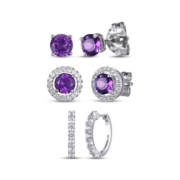 Round-Cut Amethyst & White Lab-Created Sapphire Stud & Hoop Earrings Gift Set Sterling Silver