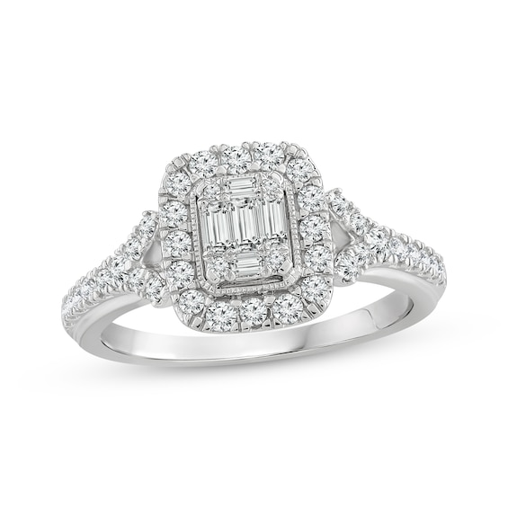 Multi-Diamond Center Elongated Cushion Frame Engagement Ring 5/8 ct tw 14K White Gold