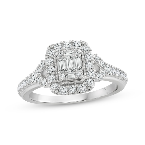 Now + Forever Multi-Diamond Center Elongated Cushion Frame Engagement Ring 5/8 ct tw 14K White Gold