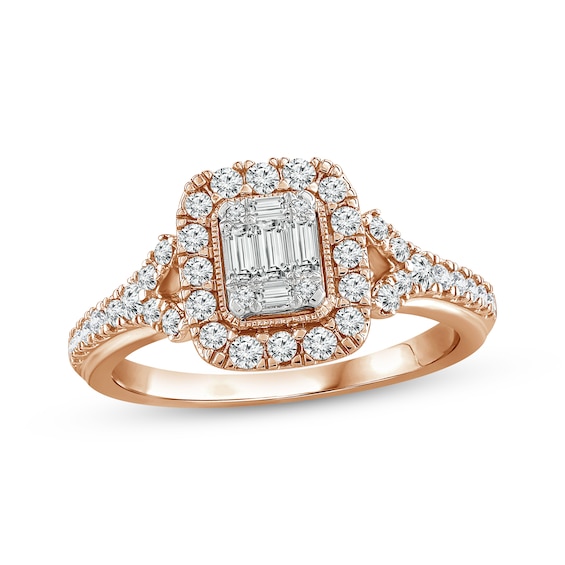 Multi-Diamond Center Elongated Cushion Frame Engagement Ring 5/8 ct tw 14K Rose Gold