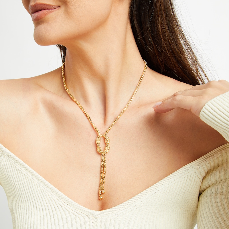 Hollow Box Chain Lariat Knot Necklace 14K Yellow Gold 18"
