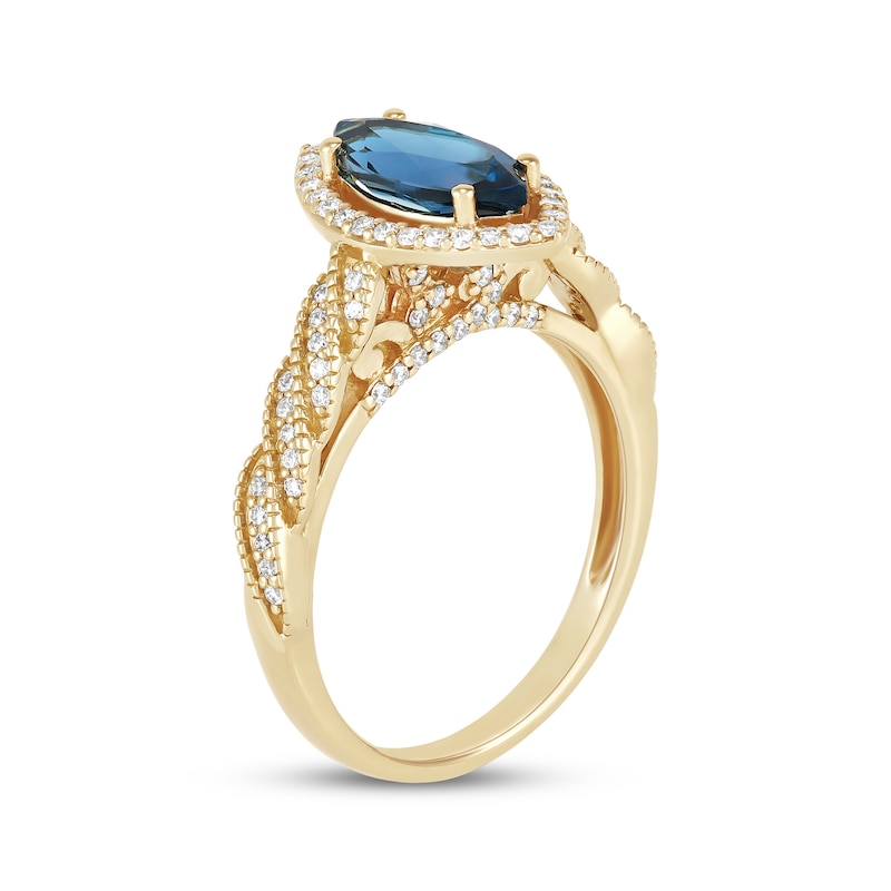 Main Image 2 of Now + Forever Marquise-Cut London Blue Topaz & Diamond Halo Engagement Ring 1/3 ct tw 10K Yellow Gold