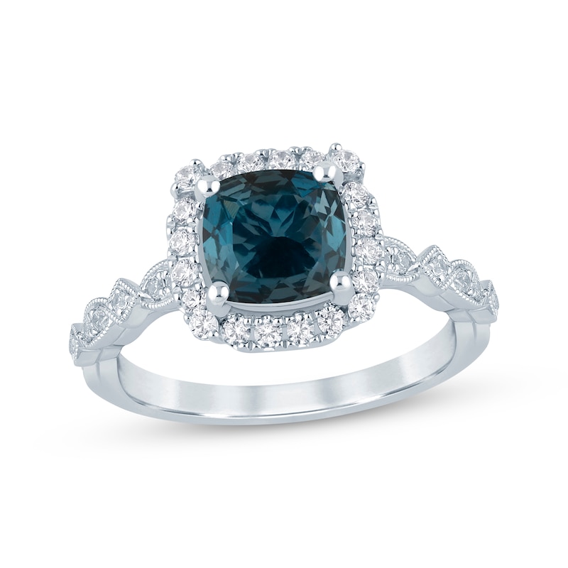Cushion-Cut London Blue Topaz & Diamond Milgrain Engagement Ring 1/3 ct tw 14K White Gold