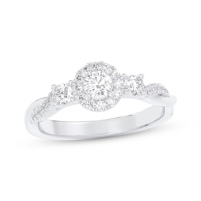 Main Image 1 of Memories Moments Magic Round-Cut Diamond Halo Three-Stone Engagement Ring 5/8 ct tw 14K White Gold
