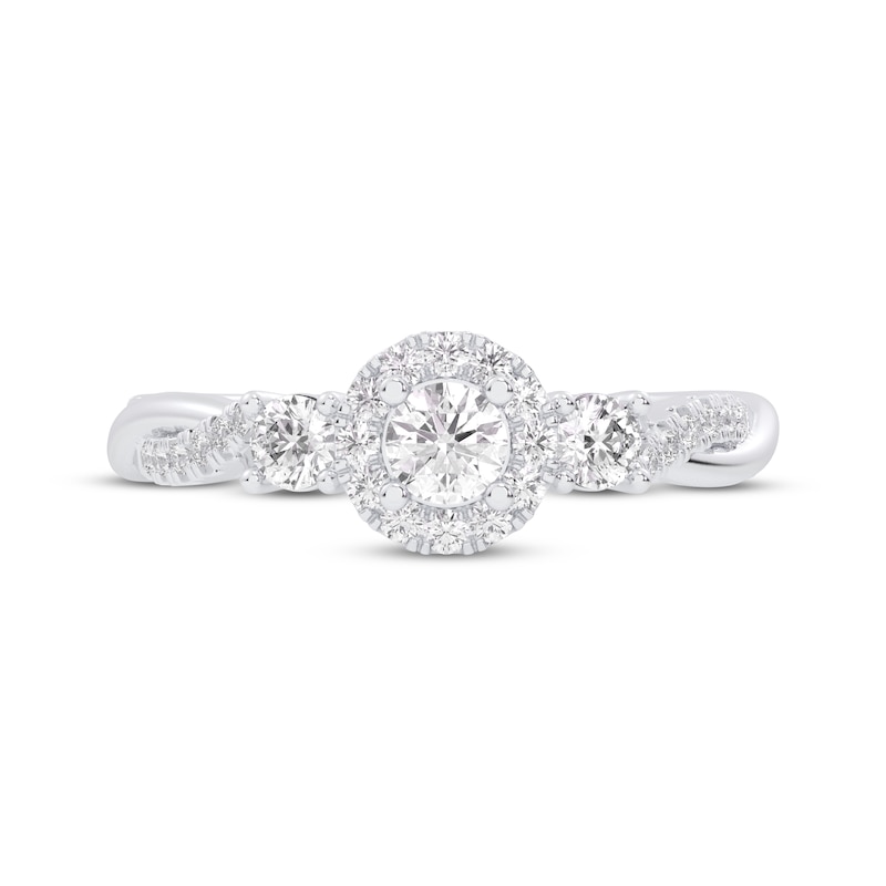 Main Image 3 of Memories Moments Magic Round-Cut Diamond Halo Three-Stone Engagement Ring 5/8 ct tw 14K White Gold