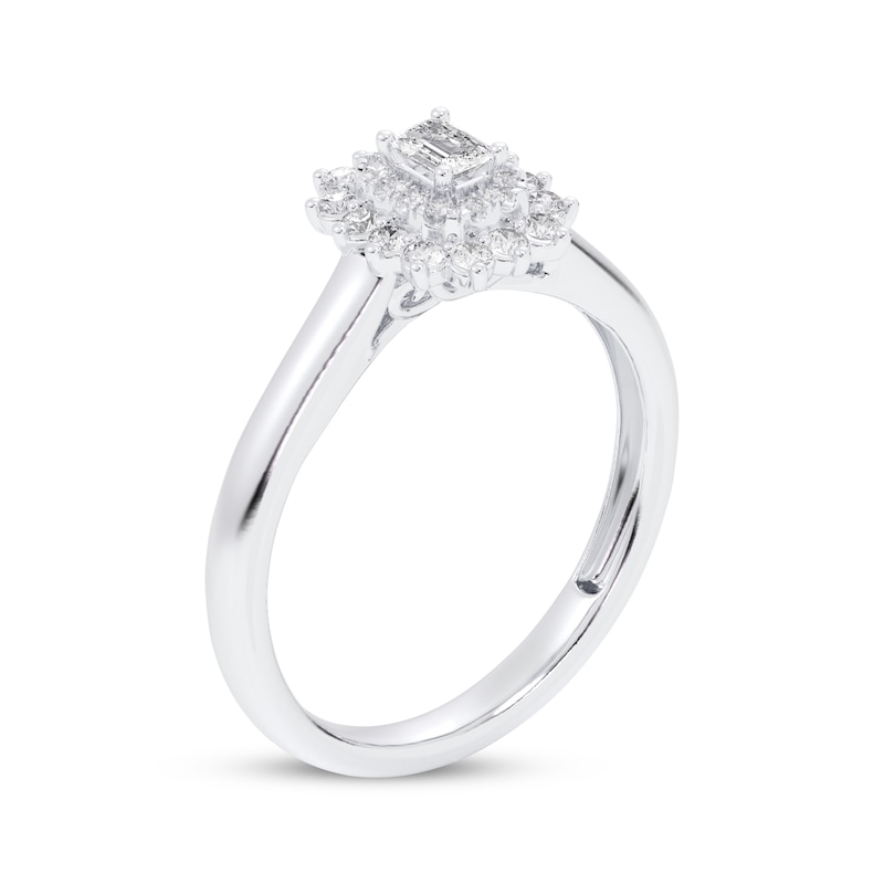 Main Image 2 of Now + Forever Emerald-Cut Diamond Starburst Halo Engagement Ring 3/8 ct tw 10K White Gold