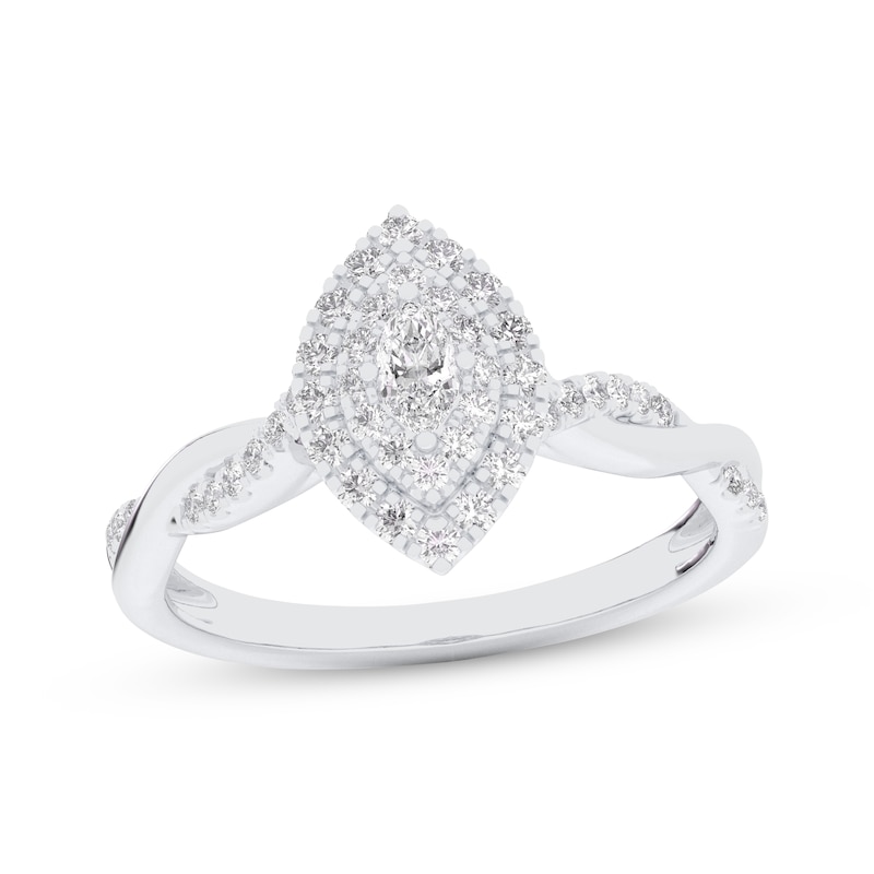 Marquise-Cut Diamond Double Halo Twist Shank Engagement Ring 1/3 ct tw 10K White Gold