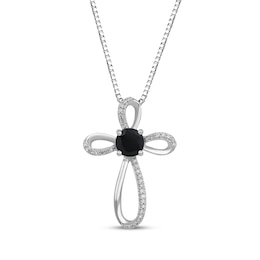Black Onyx & White Lab-Created Sapphire Cross Necklace Sterling Silver 18"