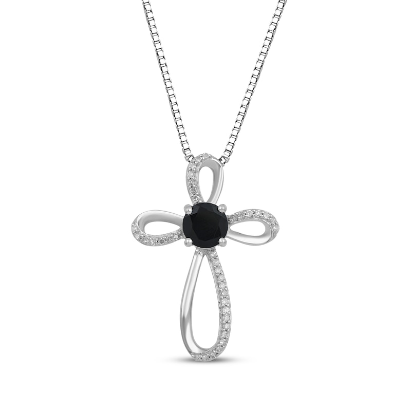Main Image 1 of Black Onyx & White Lab-Created Sapphire Cross Necklace Sterling Silver 18"