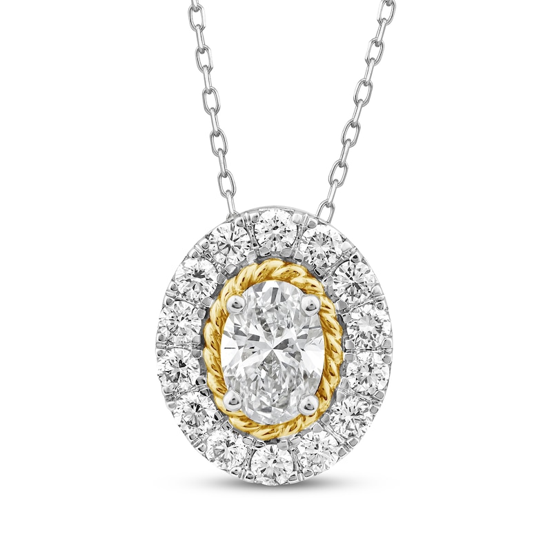 Main Image 1 of Threads of Love Oval-Cut Lab-Grown Diamond Halo Necklace 1-1/2 ct tw 14K Two-Tone Gold 18"