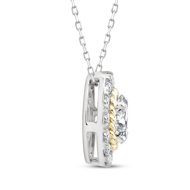 Main Image 2 of Threads of Love Oval-Cut Lab-Grown Diamond Halo Necklace 1-1/2 ct tw 14K Two-Tone Gold 18"