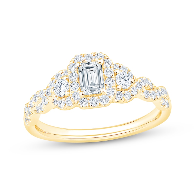 Main Image 1 of Now + Forever Emerald-Cut Diamond Three-Stone Engagement Ring 7/8 ct tw 14K Yellow Gold