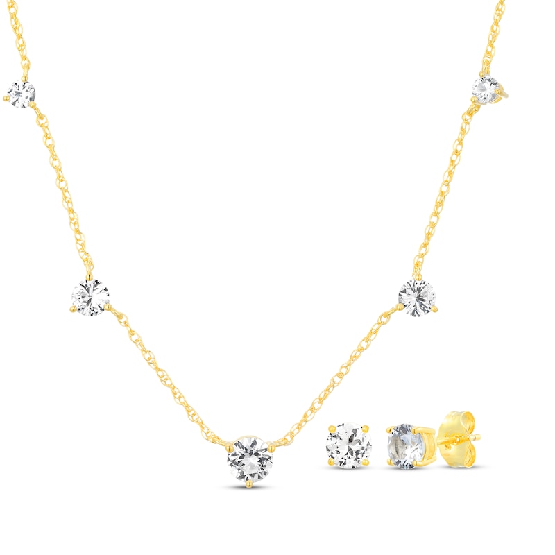 Main Image 1 of White Lab-Created Sapphire Station Necklace & Stud Earrings Gift Set 18K Yellow Gold-Plated Sterling Silver