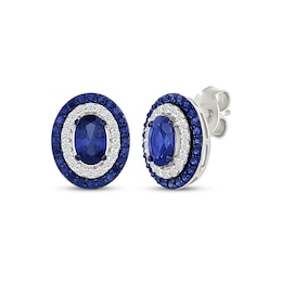 Oval-Cut Blue Lab-Created Sapphire & White Lab-Created Sapphire Halo Earrings Sterling Silver