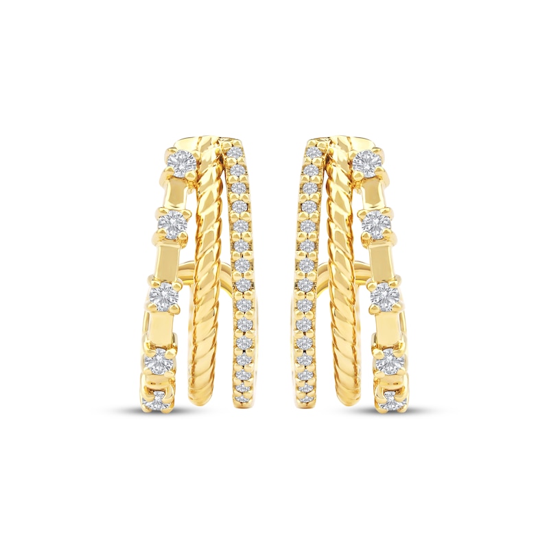 Main Image 2 of Diamond Three-Row Split J-Hoop Huggie Earrings 1/4 ct tw 10K Yellow Gold