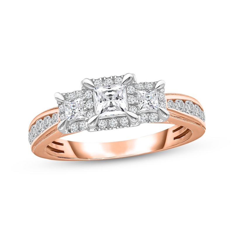 Main Image 1 of Memories Moments Magic Princess-Cut Diamond Three-Stone Engagement Ring 1 ct tw 14K Rose Gold