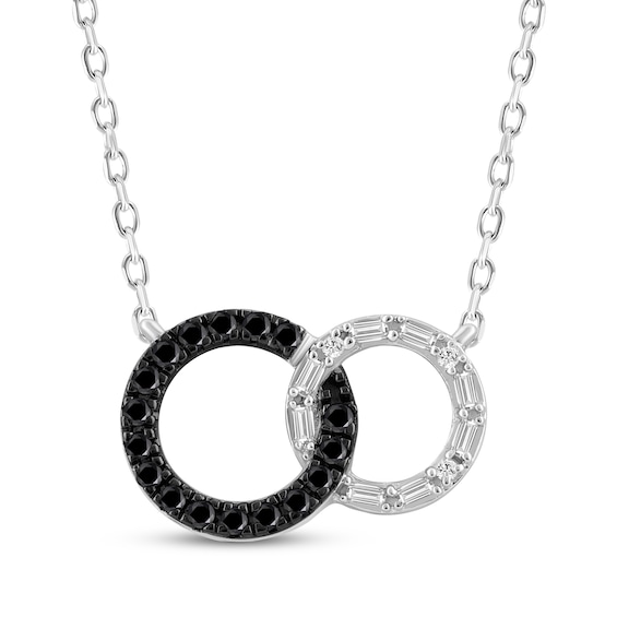 Round & Baguette-Cut Black and White Diamond Interlocking Circles Necklace 1/4 ct tw Sterling Silver 18"
