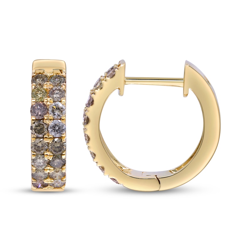 Main Image 3 of Variable Color Diamonds Two-Row Huggie Hoop Earrings 3/4 ct tw 10K Yellow Gold