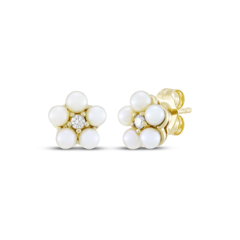 Main Image 1 of Cultured Pearl & Diamond Flower Stud Earrings 1/20 ct tw 10K Yellow Gold