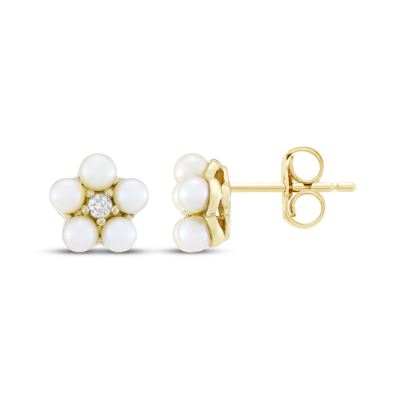Main Image 3 of Cultured Pearl & Diamond Flower Stud Earrings 1/20 ct tw 10K Yellow Gold