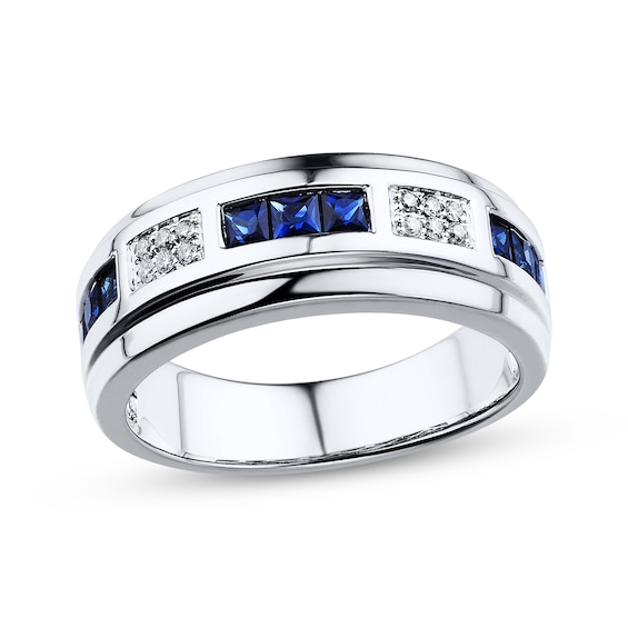 Men's Sapphire Ring 1/10 ct tw Round-cut Diamonds 10K White Gold