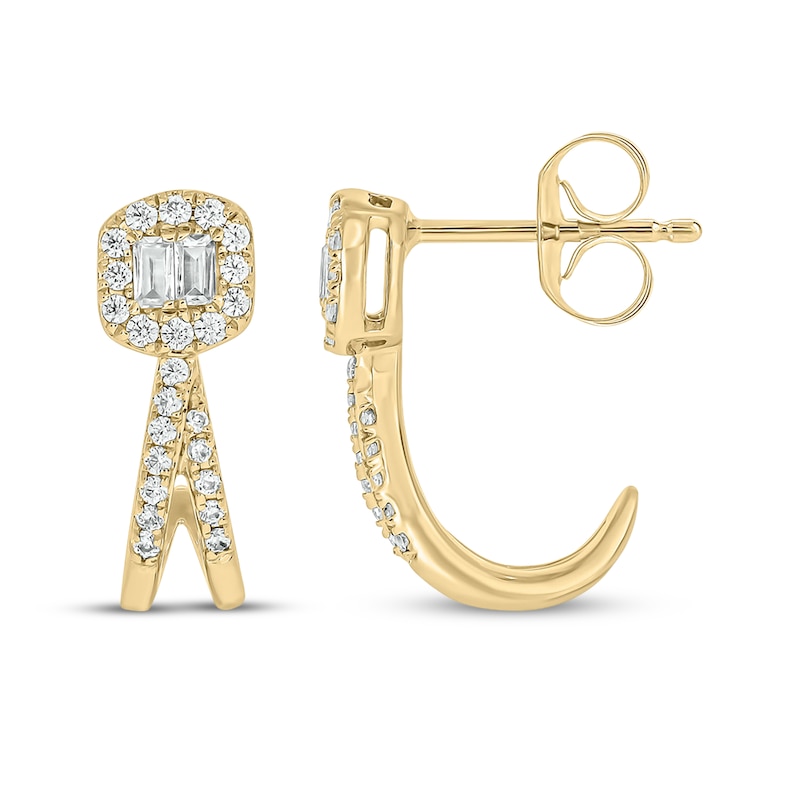 Main Image 1 of Baguette & Round-Cut Diamond Split J-Hoop Earrings 1/4 ct tw 10K Yellow Gold