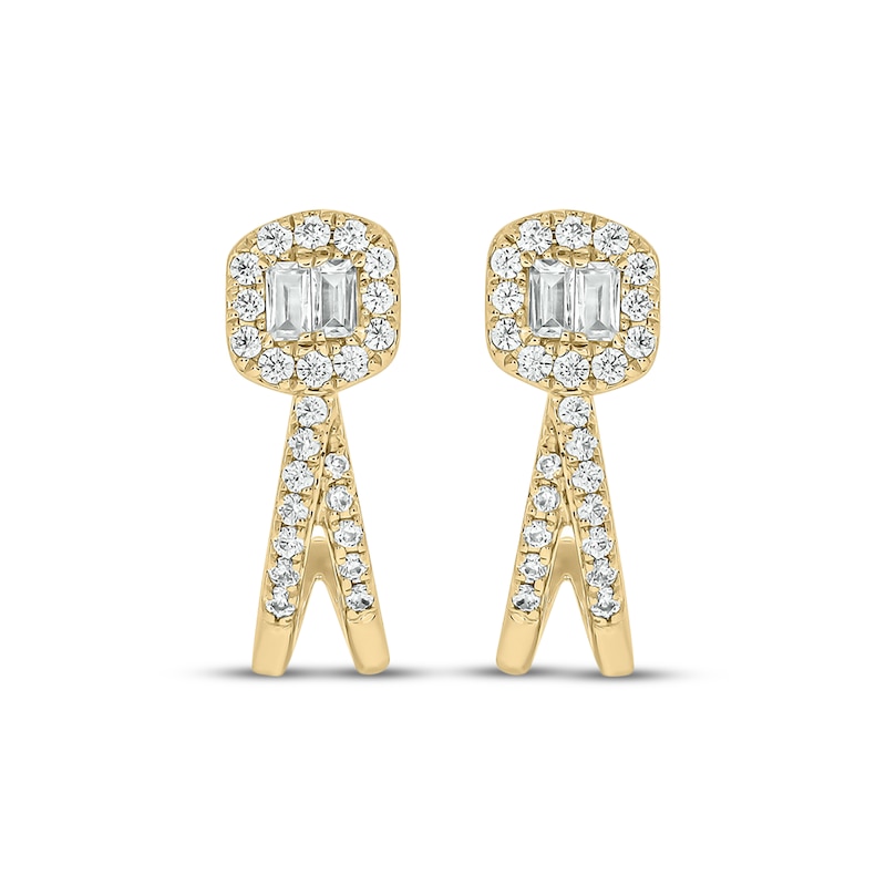 Main Image 2 of Baguette & Round-Cut Diamond Split J-Hoop Earrings 1/4 ct tw 10K Yellow Gold