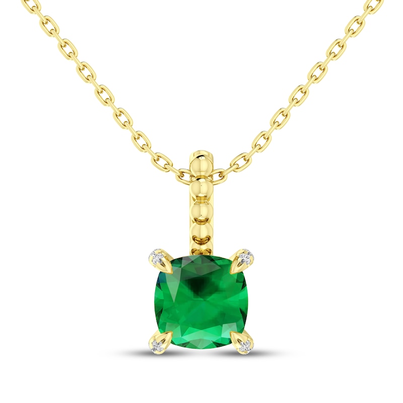 Main Image 1 of Cushion-Cut Lab-Created Emerald & Diamond Accent Necklace 10K Yellow Gold 18"
