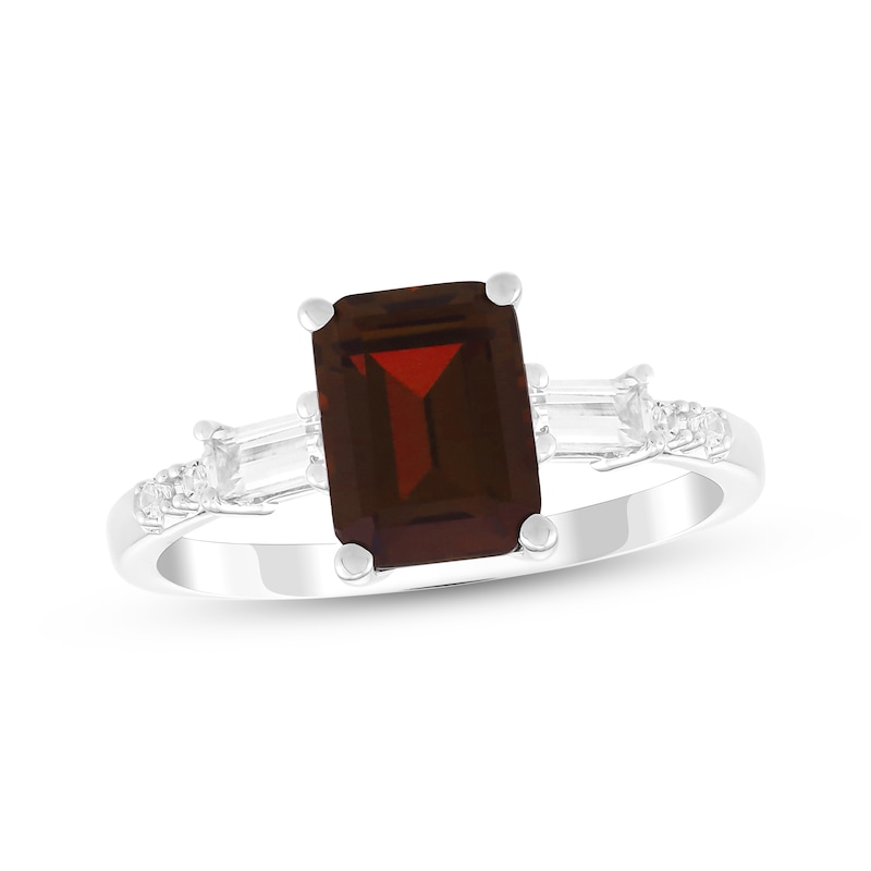 Main Image 1 of Emerald-Cut Garnet & White Lab-Created Sapphire Ring Sterling Silver