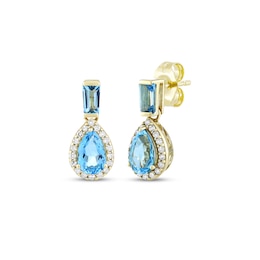Pear-Shaped & Baguette-Cut Swiss Blue Topaz & Diamond Dangle Earrings 1/8 ct tw 10K Yellow Gold