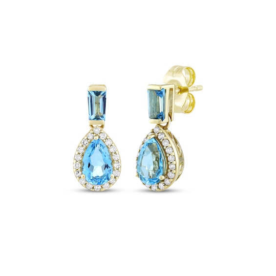 Pear-Shaped & Baguette-Cut Swiss Blue Topaz & Diamond Dangle Earrings 1/8 ct tw 10K Yellow Gold