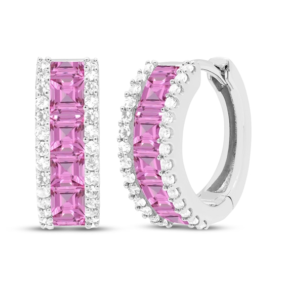 Square-Cut Pink Lab-Created Sapphire & White Lab-Created Sapphire Hoop Earrings Sterling Silver