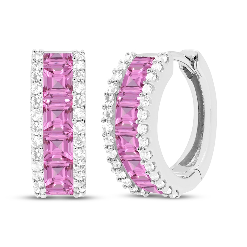 Main Image 1 of Square-Cut Pink Lab-Created Sapphire & White Lab-Created Sapphire Hoop Earrings Sterling Silver