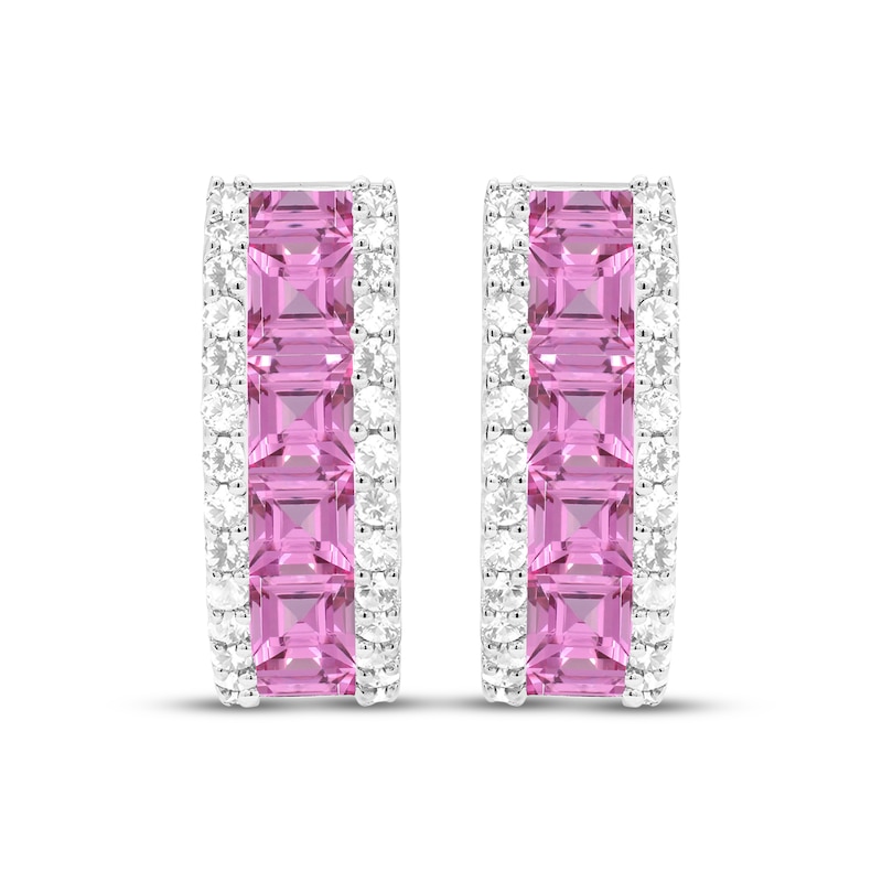 Main Image 2 of Square-Cut Pink Lab-Created Sapphire & White Lab-Created Sapphire Hoop Earrings Sterling Silver