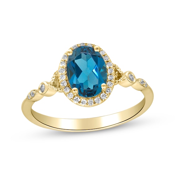 Oval-Cut London Blue Topaz & Diamond Halo Ring 1/10 ct tw 10K Yellow Gold